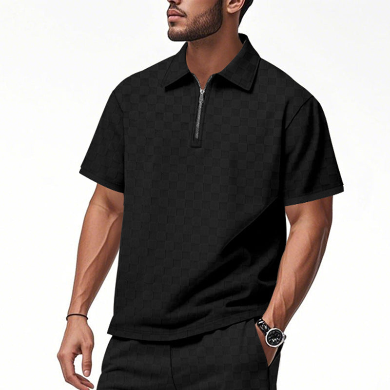 Herren Poloshirt mit halbem Reißverschluss und modernem Karomuster EB