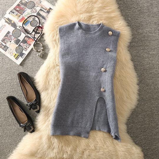 Damen Strickweste mit elegantem V-Ausschnitt und Knopfdetails EB