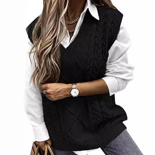 Damen Strickweste mit Zopfdesign und V-Ausschnitt EB