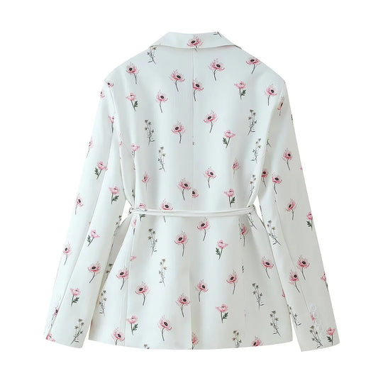 Damen elegante Blazerjacke mit floralem Muster und taillierbarem Gürtel EB