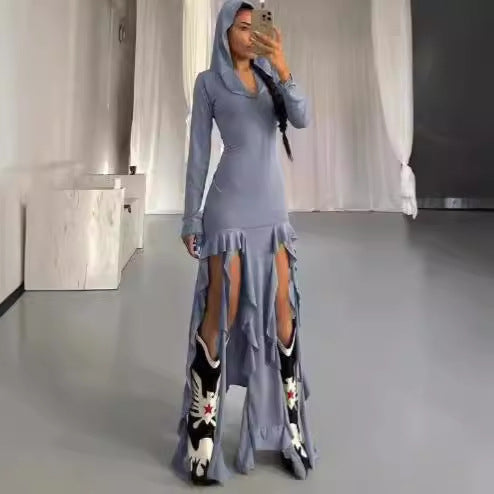 Damen Langarm Maxikleid mit Kapuze und Rüschendetails EB