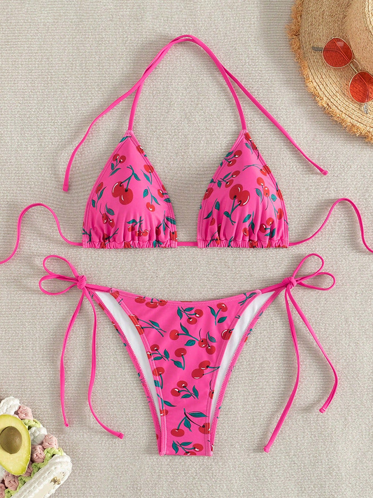 Damen Triangel-Bikini mit frischem Kirschmotiv und verstellbaren Bindebändern EB
