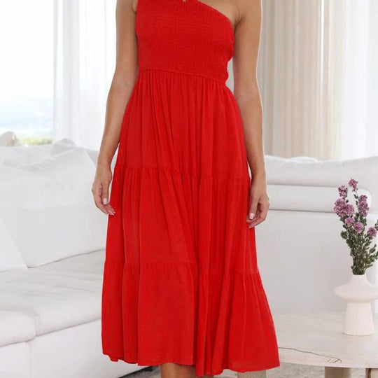 Damen Elegantes One-Shoulder-Maxikleid mit fließendem Rock EB