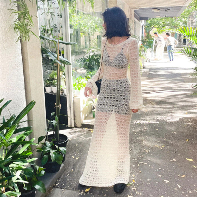 Damen Transparente Maxikleid mit strukturiertem Häkelmuster EB