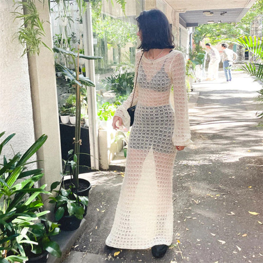 Damen Transparente Maxikleid mit strukturiertem Häkelmuster EB