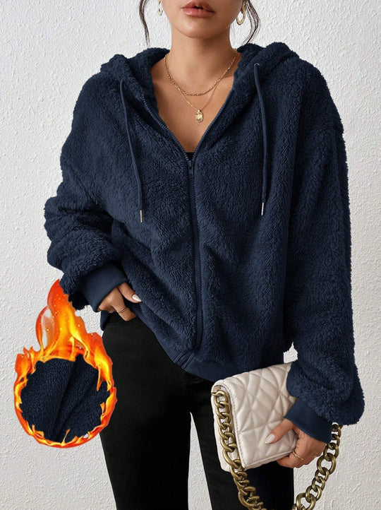 Damen Kuschelige Fleece-Jacke mit Känguru-Tasche und Kapuze EB