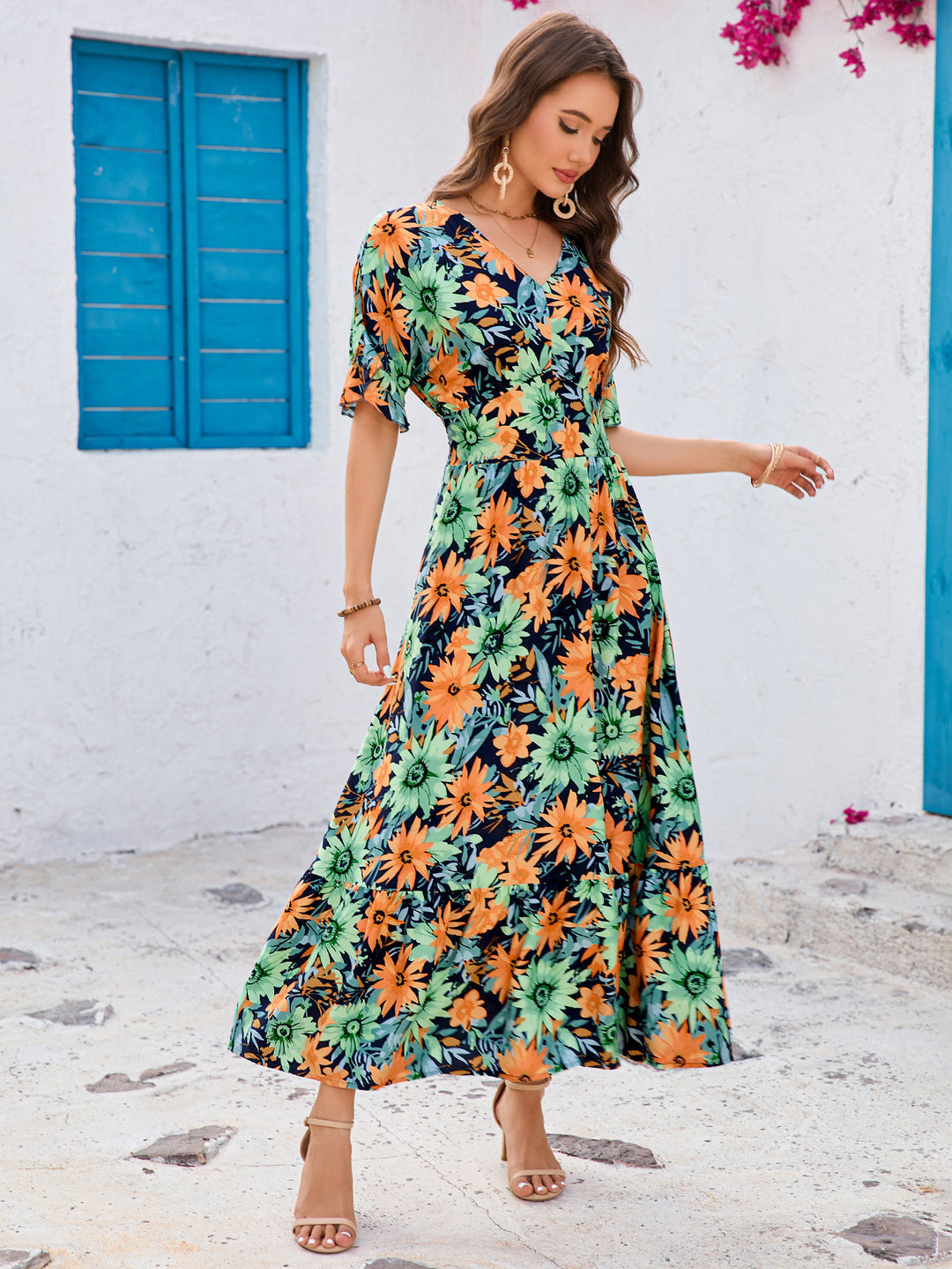 Damen Maxikleid mit voluminösen Ärmeln und fröhlichem Blumenmuster EB