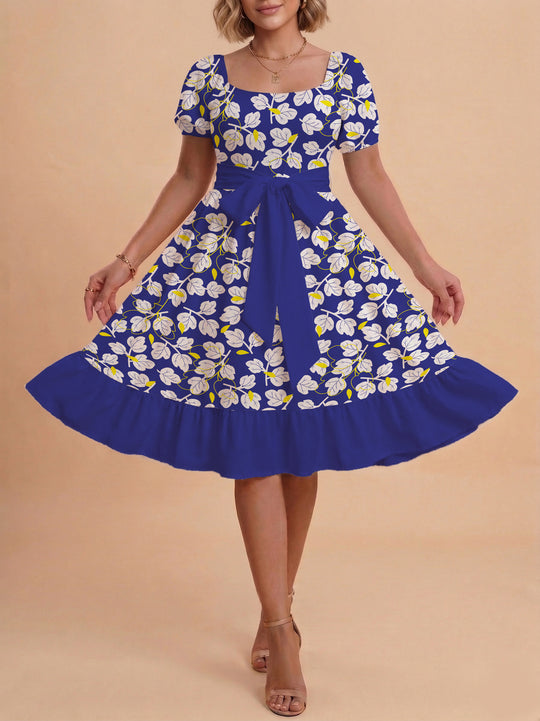 Damen Blumenkleid mit taillierbarem Gürtel und voluminösen Ärmeln EB