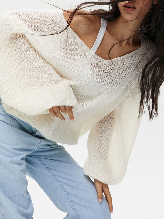 Damen lässiger Strickpullover mit weiten Ärmeln und tiefem V-Ausschnitt EB