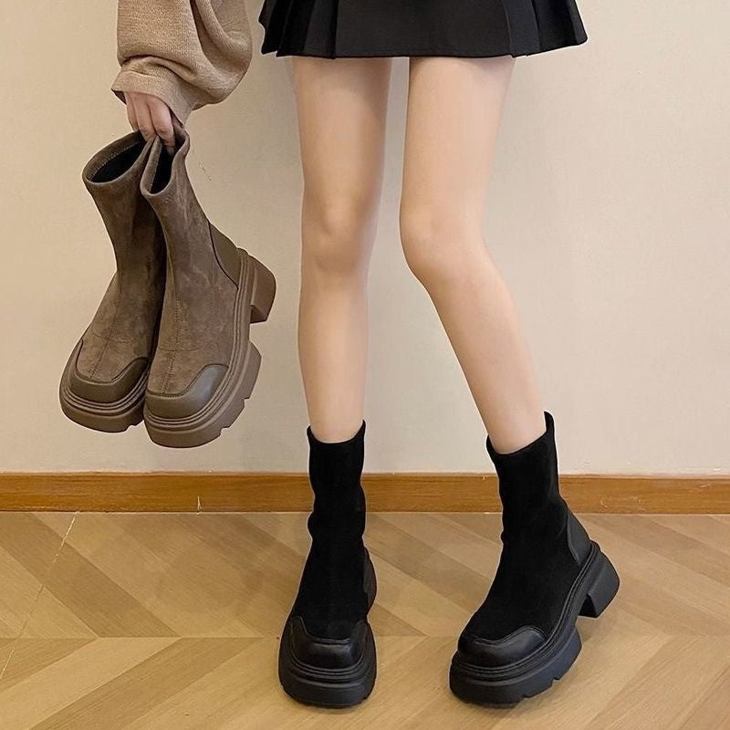 Damen modische Chunky Stiefeletten mit komfortabler Sohle und elastischem Schaft EB