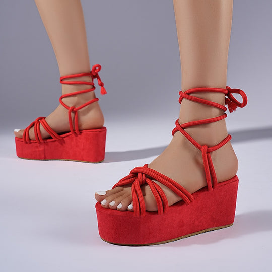 Damen Plattform-Sandaletten mit stylishen Schnüren und hohem Absatz EB