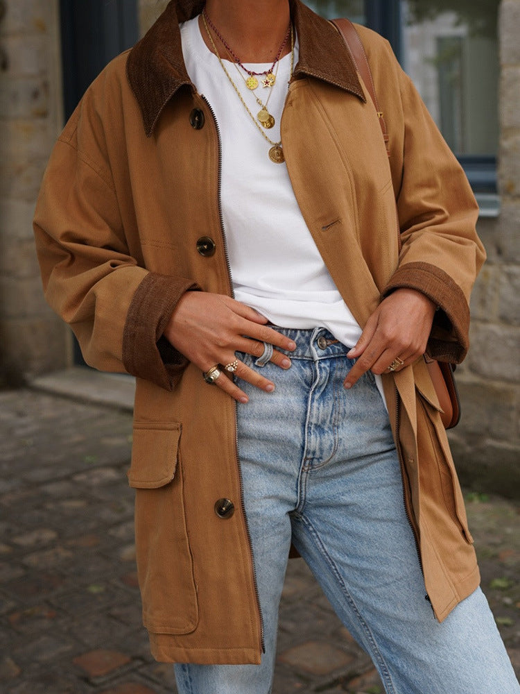 Damen lässige Baumwolljacke mit weichem Kragen und praktischen Taschen EB