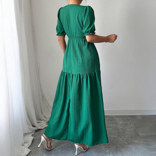 Damen Maxi-Jumpsuit mit gerafften Ärmeln und schwingendem Rock EB