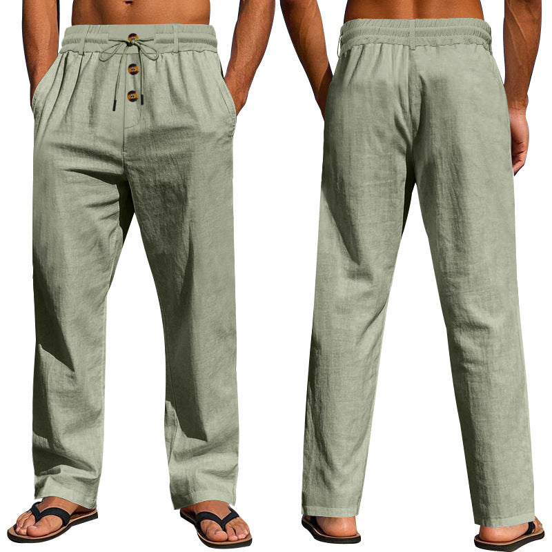 Herren nan lockere Leinen-Relaxhose mit elastischem Tunnelzugbund, Kordelzug und dekorativer Knopfleiste EB