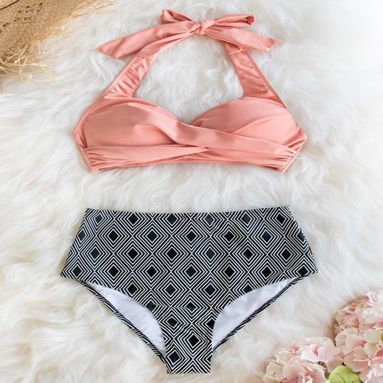 Damen High-Waist Bikini-Set mit elegantem Wickeldesign und modischem geometrischem Muster EB