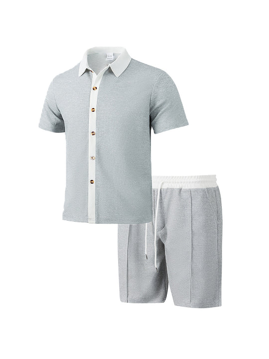 Herren nan modernes Freizeit-Set aus feinem Strukturjersey mit Hemdkragen-Knopfleiste und Kordel-Shorts EB