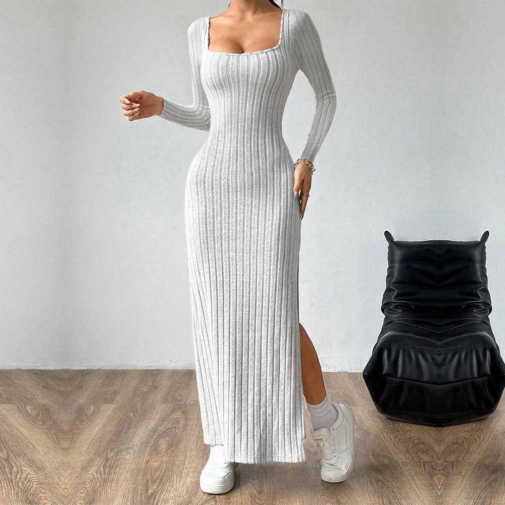 Damen figurbetontes geripptes Maxikleid mit quadratischem Ausschnitt und seitlichem Beinschlitz Eichborn Berlin