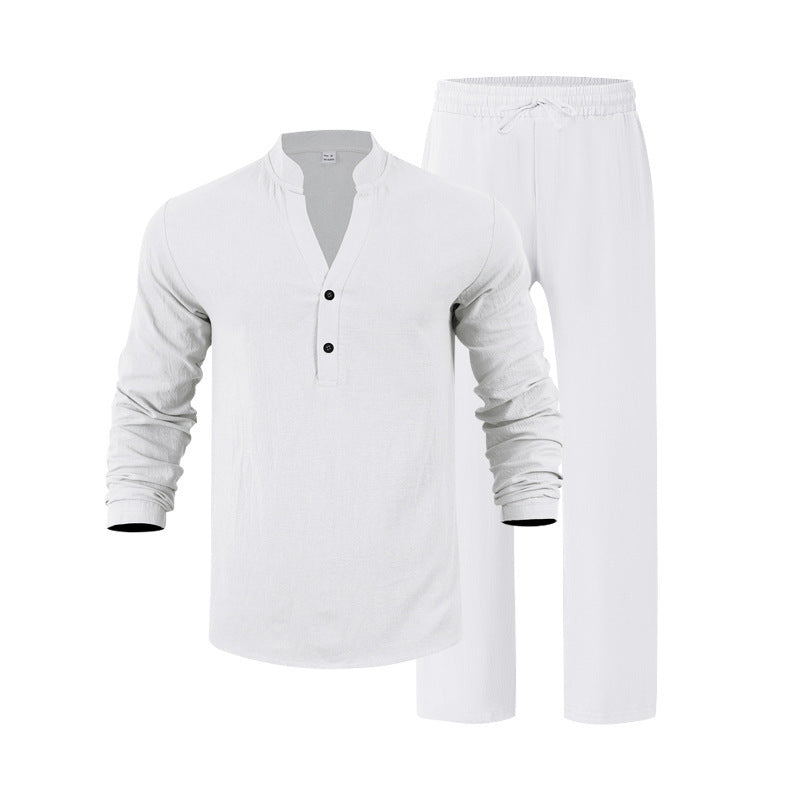 Herren nan legeres Henley-Set aus leichter Leinenoptik mit Stehkragen und elastischer Tunnelzughose EB