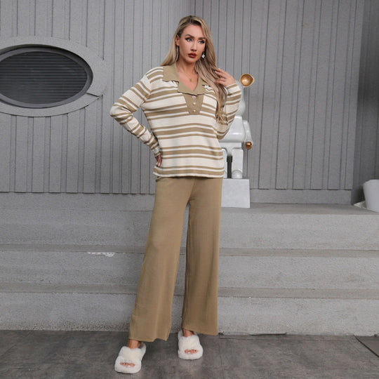 Damen elegantes Strick-Loungewear-Set mit einem modischen Kragen und weit geschnittenen Hosen EB