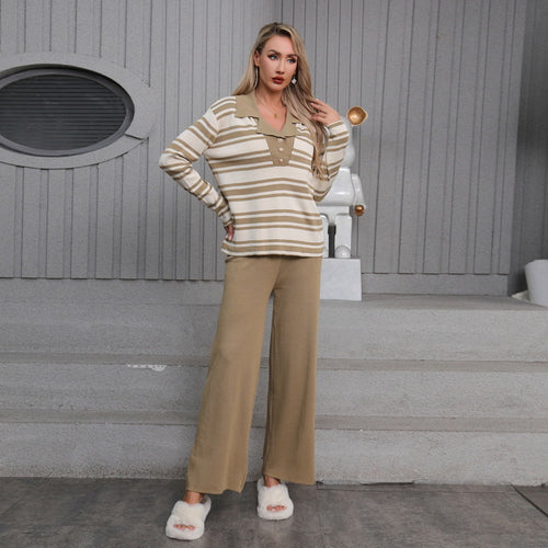Damen elegantes Strick-Loungewear-Set mit einem modischen Kragen und weit geschnittenen Hosen EB