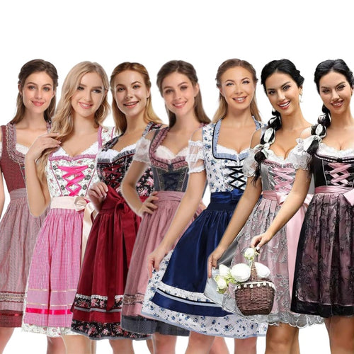 Damen nan traditionelles Dirndlkleid mit Herzausschnitt, korsettähnlicher Schnürung und kariertem Schürzenrock EB