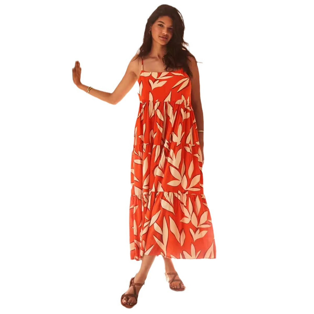Damen Maxikleid mit voluminösem Rock und kreativem Blattdruck EB