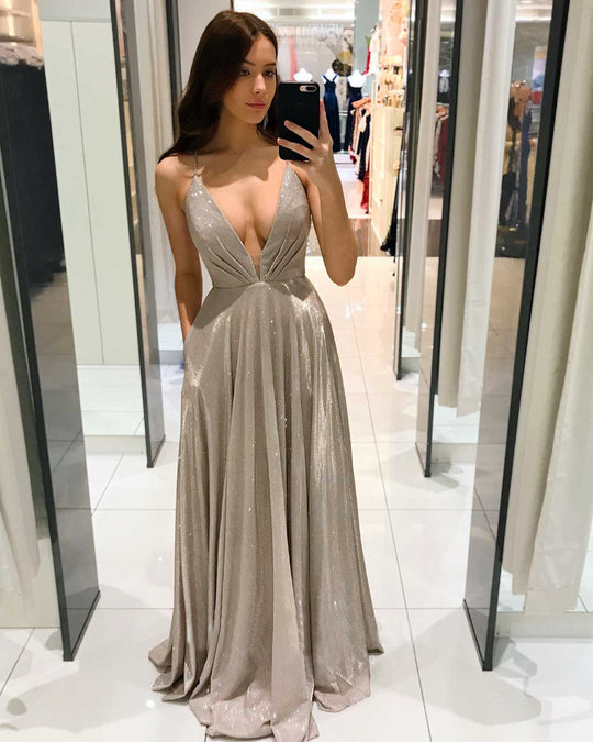 Damen Glamouröses Abendkleid mit tiefem V-Ausschnitt und funkelnden Details EB