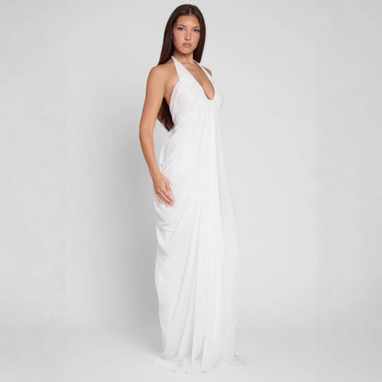 Damen Elegantes Maxikleid mit tiefem V-Ausschnitt und fließendem Drapé EB