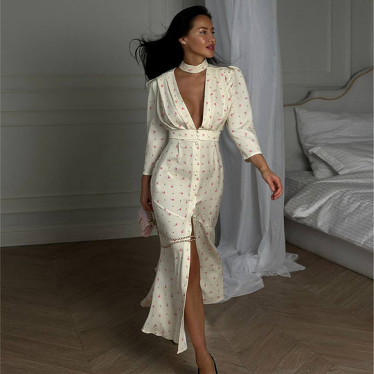 Damen Maxikleid mit elegantem V-Ausschnitt und trendigem Knopfdesign EB