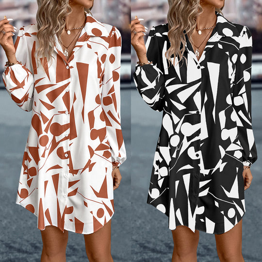 Damen Hemdblusenkleid im modernen Grafikdesign mit Bindegürtel EB