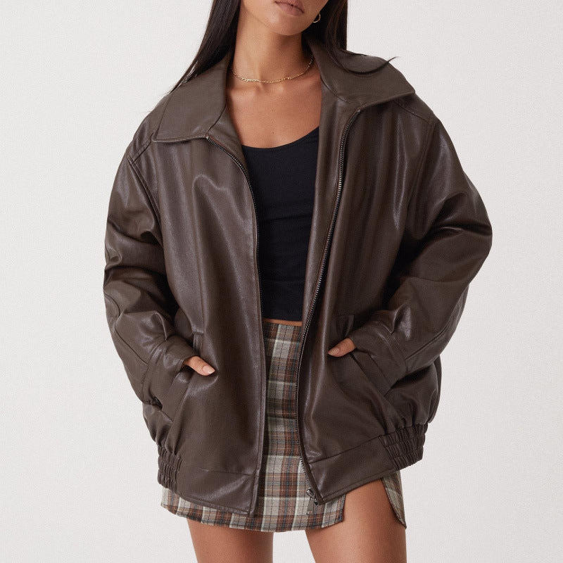 Damen Oversize Kunstleder Blouson mit Reißverschluss und elastischem Saum EB