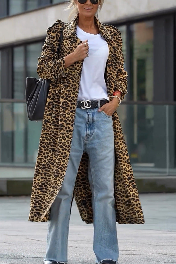 EB | Leoparden Revers Lockerer Langer Trenchcoat