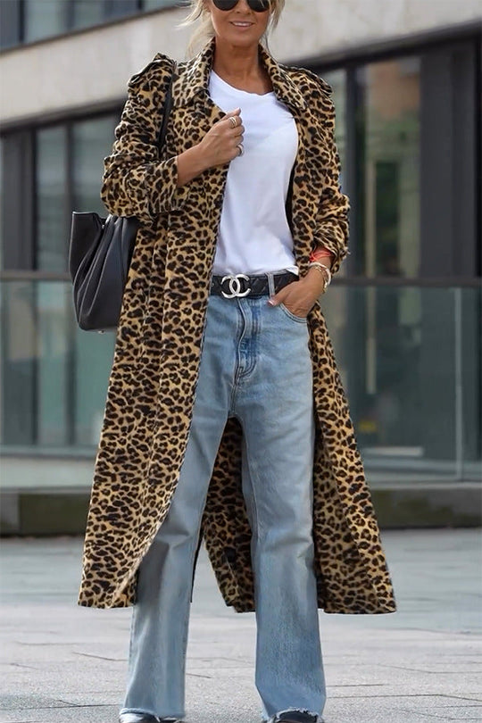 EB | Leoparden Revers Lockerer Langer Trenchcoat