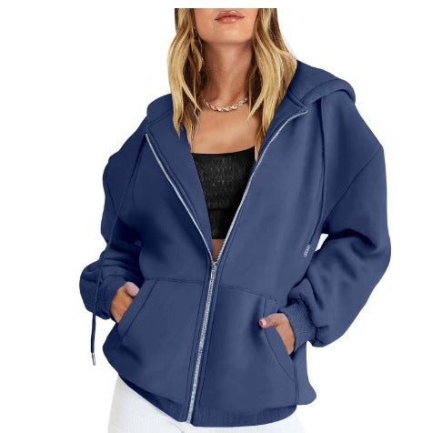 Damen nan oversized Zip-Kapuzenjacke mit kontrastierendem Reißverschluss, doppellagiger Kapuze und Kängurutasche EB