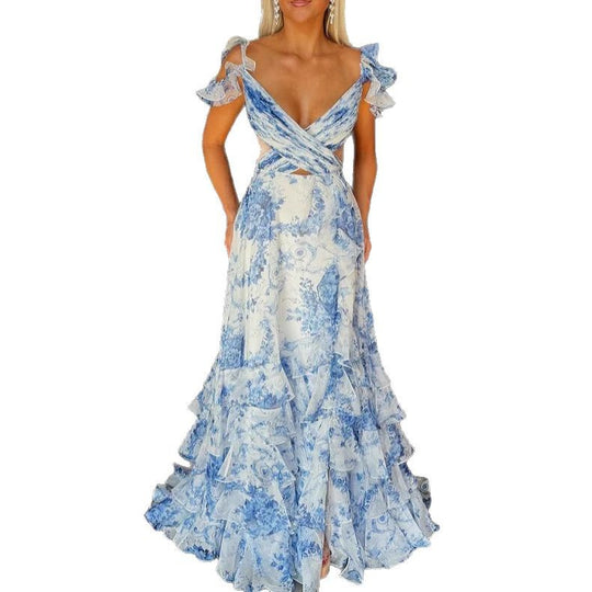 Damen Romantisches Maxikleid mit Rüschendetails und floralem Design EB