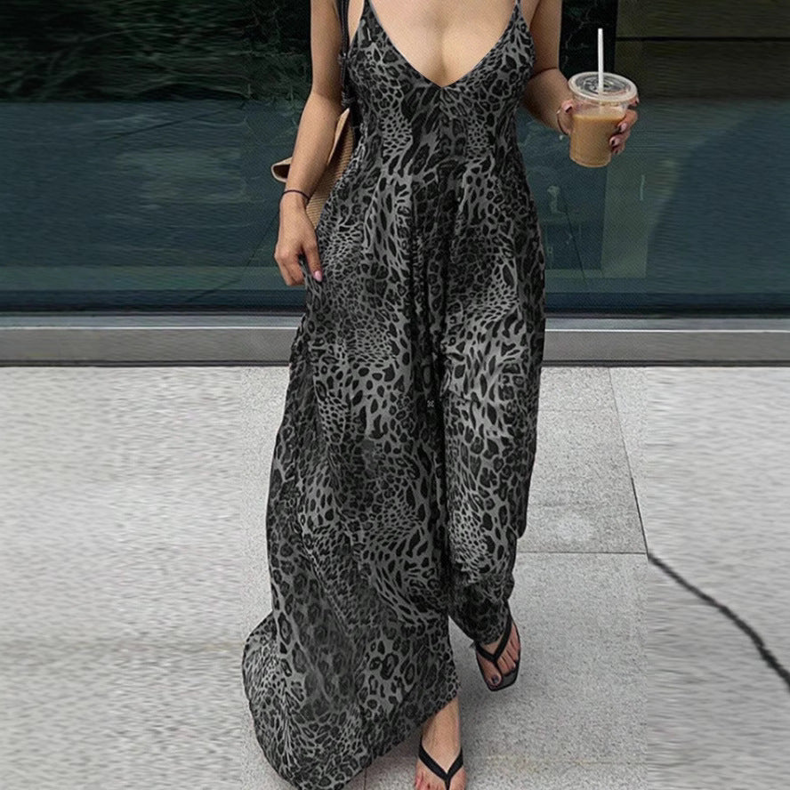 Damen Maxikleid mit tiefem V-Ausschnitt und elegantem Leopardenmuster EB