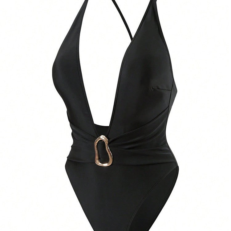 Damen Einteiler Badeanzug mit tiefem V-Ausschnitt und stilvollem Ringdetail EB