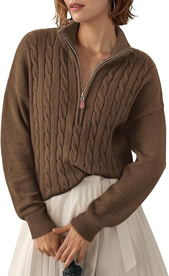 Damen Grobstrick Pullover mit Stehkragen und halbem Reißverschluss EB