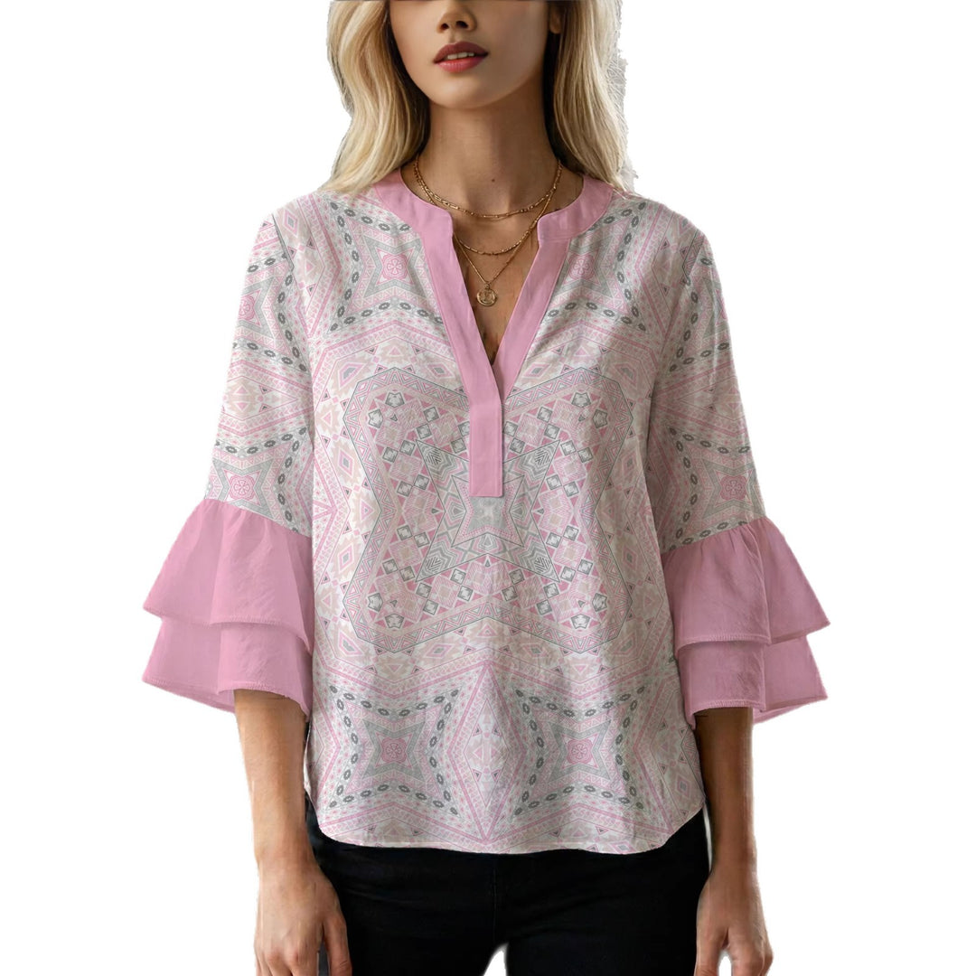 Damen Bluse mit voluminösen Rüschenärmeln und kreativem Floraldesign EB