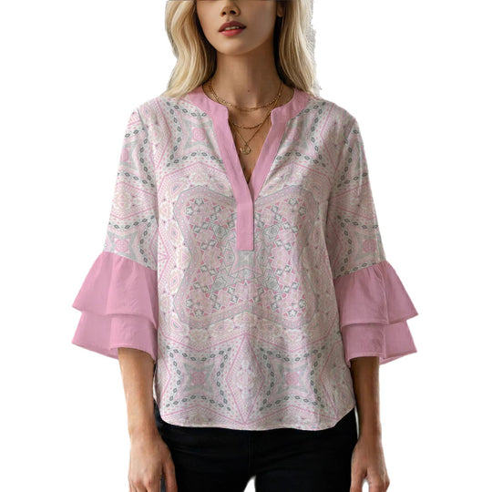 Damen Bluse mit voluminösen Rüschenärmeln und kreativem Floraldesign EB