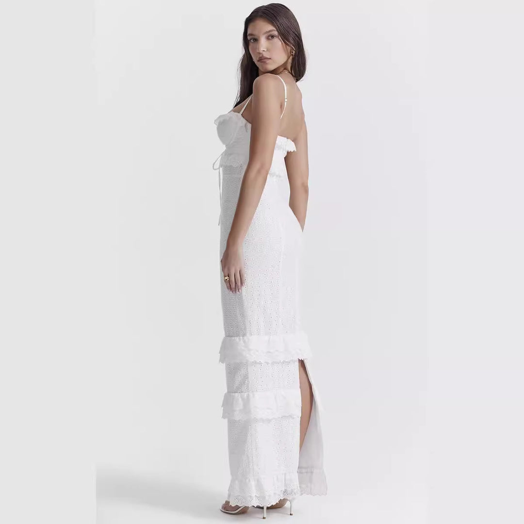 Damen elegantes Spitzen-Maxikleid mit Rüschendetails und schmalen Spaghettiträgern EB