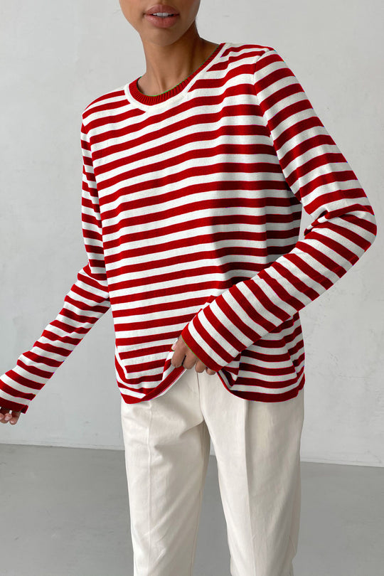 Damen nan gestreifter Baumwollpullover mit Rundhals und legerer Passform EB