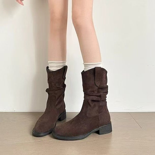 Damen Stiefeletten mit lässigem Falten-Design und komfortablem Blockabsatz EB