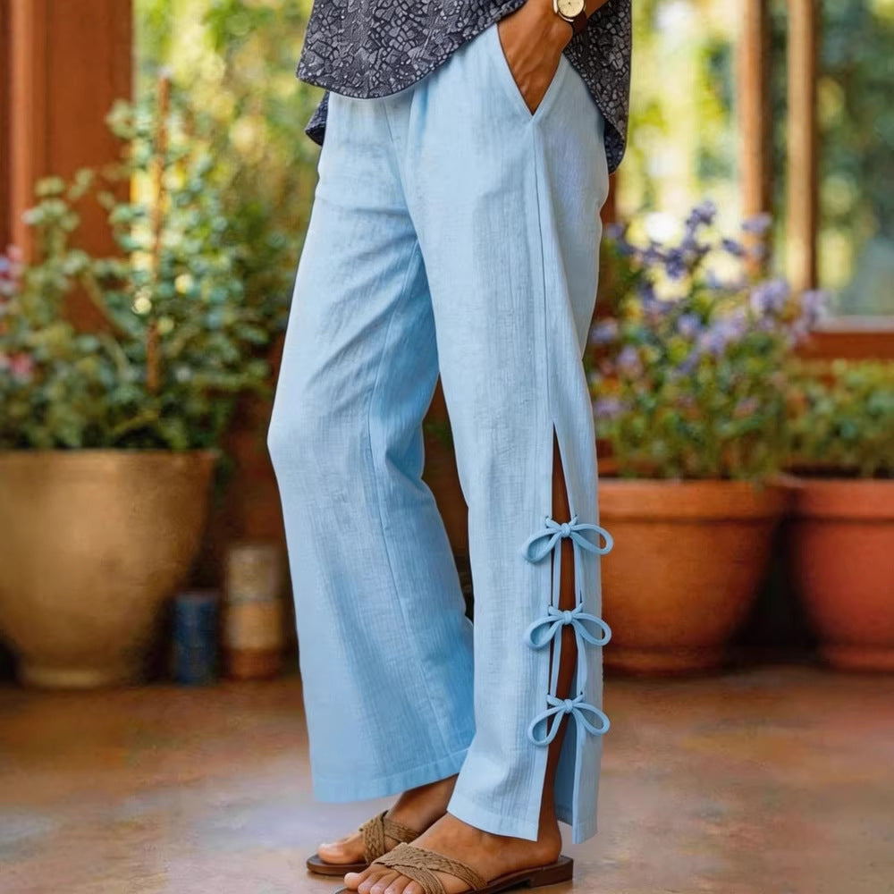 Damen Leichte Sommerhose mit seitlichen Bindegürtel undDekolleté-Schlitzen EB
