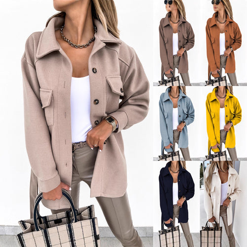 Damen Modische Overshirt-Jacke mit aufgesetzten Taschen und Knopfverschluss EB