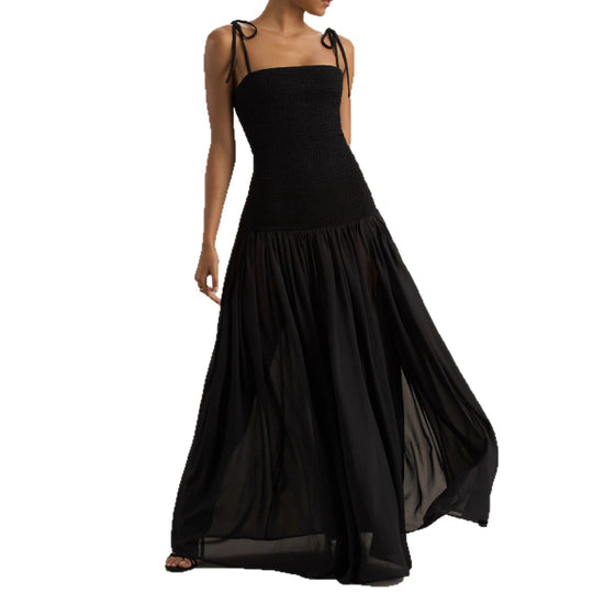 Damen Maxikleid mit einem eleganten, gerafften Oberteil und schwingendem Rock EB