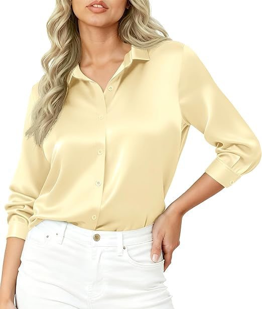 Damen Seidiges Satin-Blusenshirt mit Hemdkragen und dreiviertel Ärmeln EB