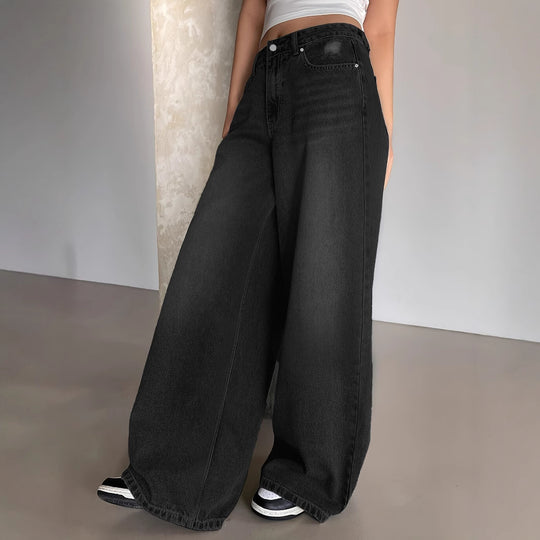 Damen Weite Denim-Hose mit hohem Bund und bequemer Passform EB