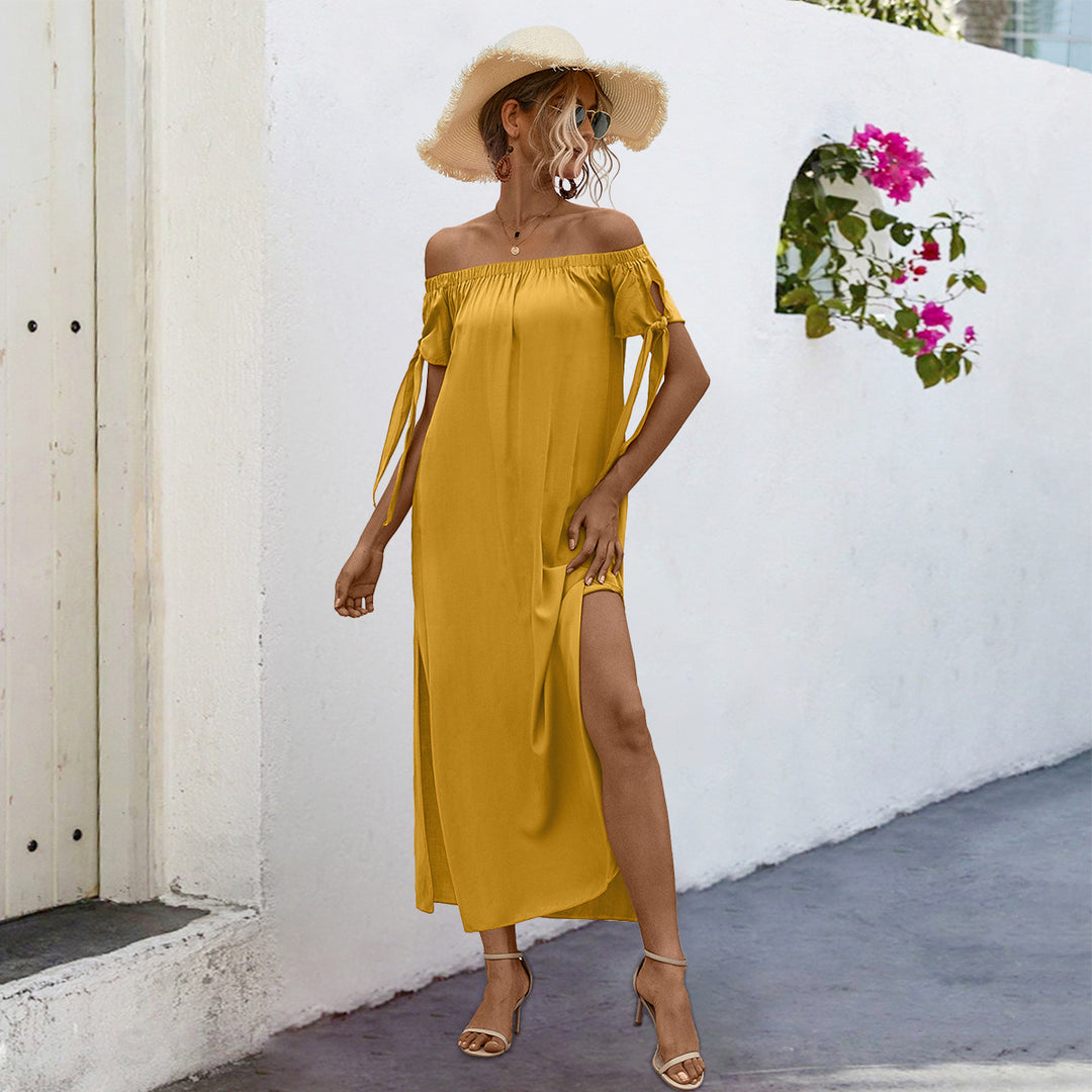 Damen elegantes Off-Shoulder Maxikleid mit seidigem Glanz und seitlichem Schlitz EB