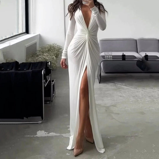 Damen Elegantes Wickelkleid mit tiefem V-Ausschnitt und seitlichem Schlitz EB